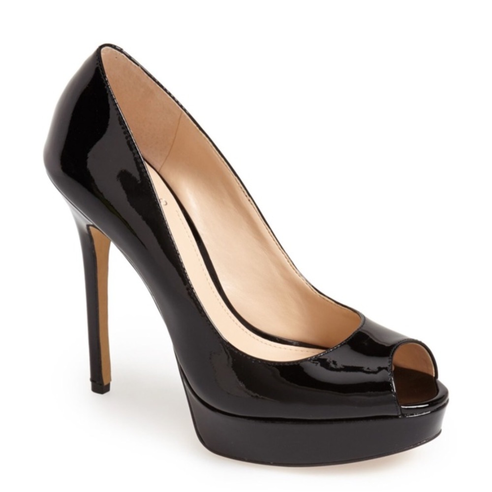 Vince Camuto patent platform peep toe pump
